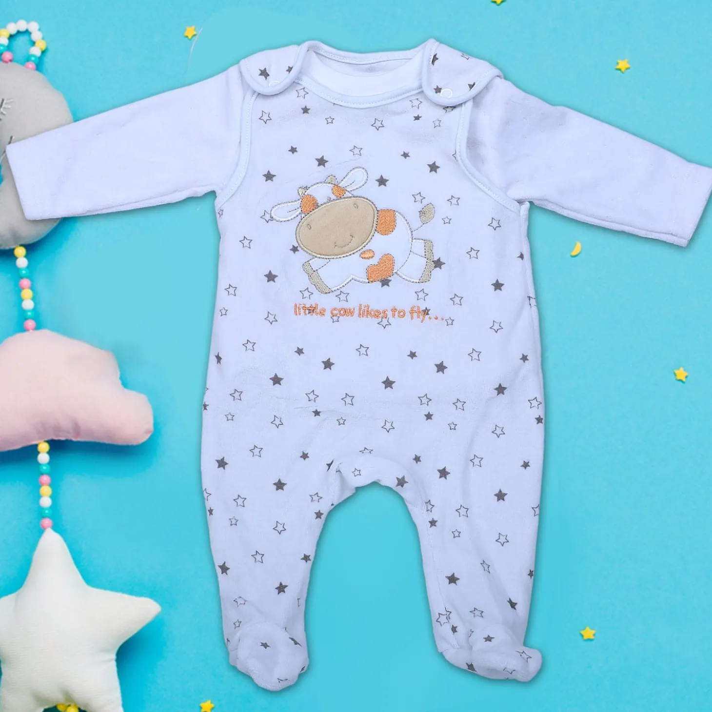 Little Cow Infant 2 Piece Full Sleeves Tshirt And Romper Set - White