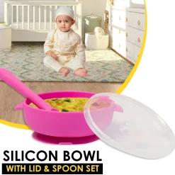 Magenta Silicon Bowl With Lid And Spoon Set