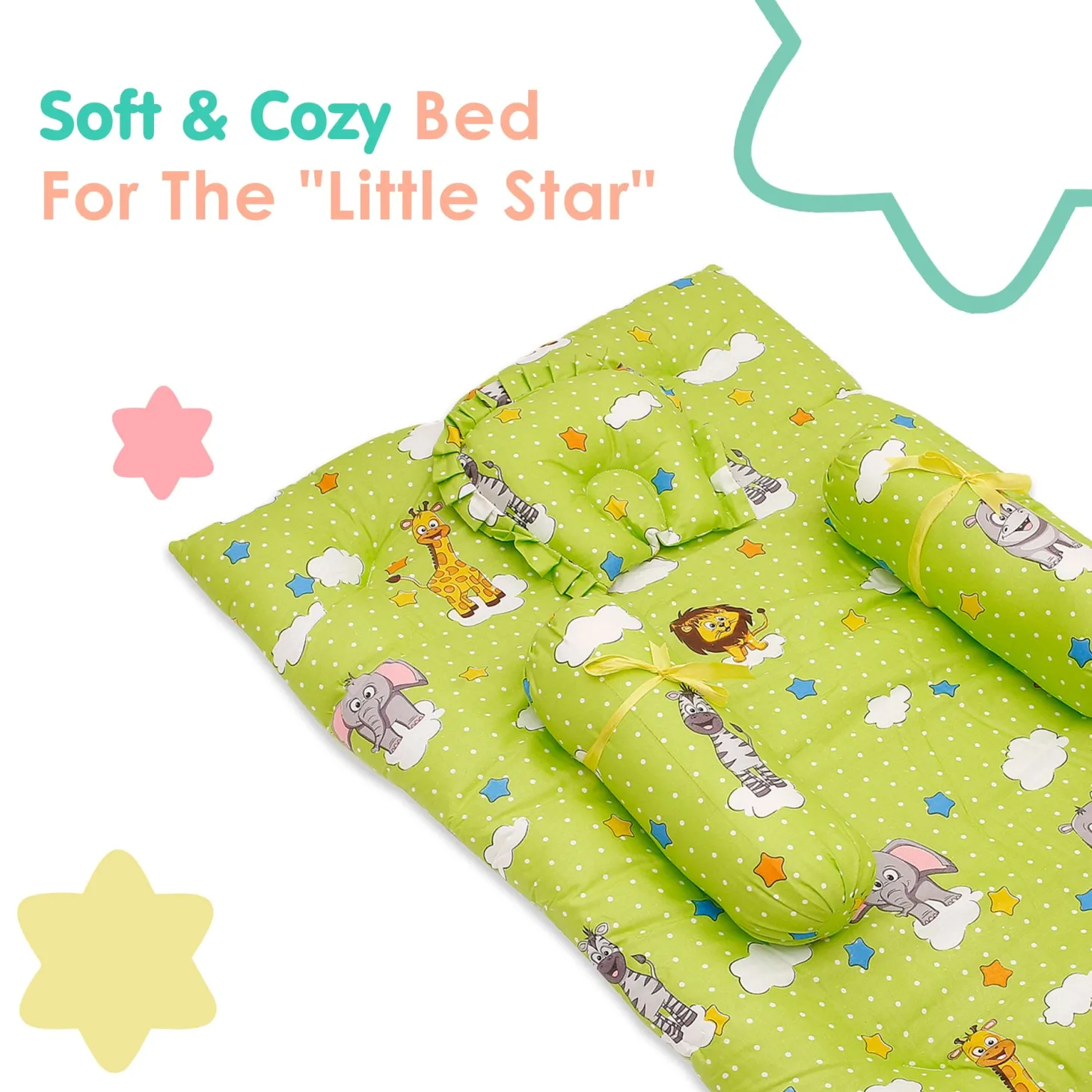 Mattress Set With Neck Pillow and Bolsters Fun In The Jungle Green