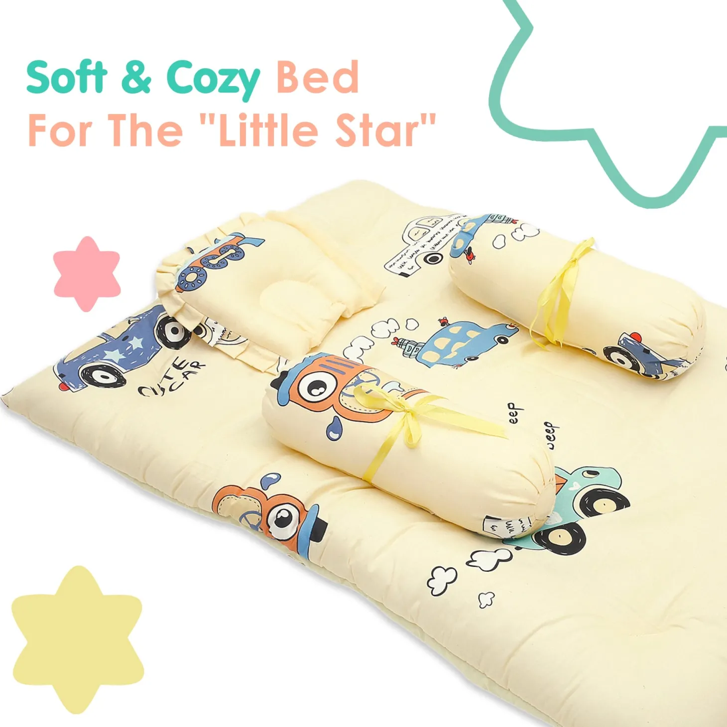 Mattress Set With Neck Pillow and Bolsters Vintage Ride Yellow