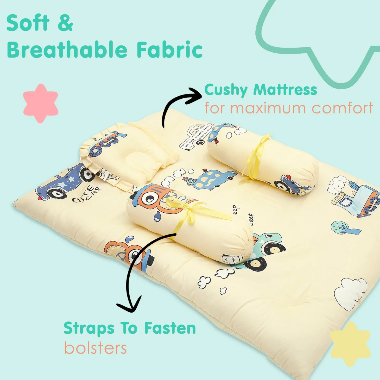 Mattress Set With Neck Pillow and Bolsters Vintage Ride Yellow