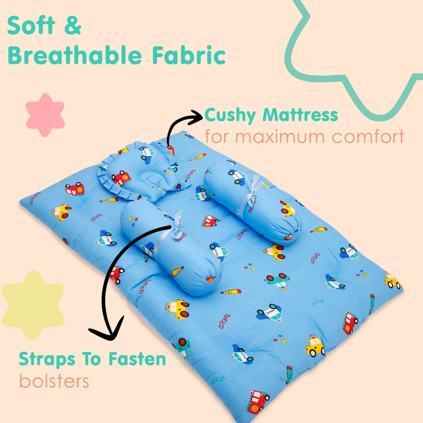 Mattress Set With Neck Pillow and Bolsters Catch Me If You Can Blue