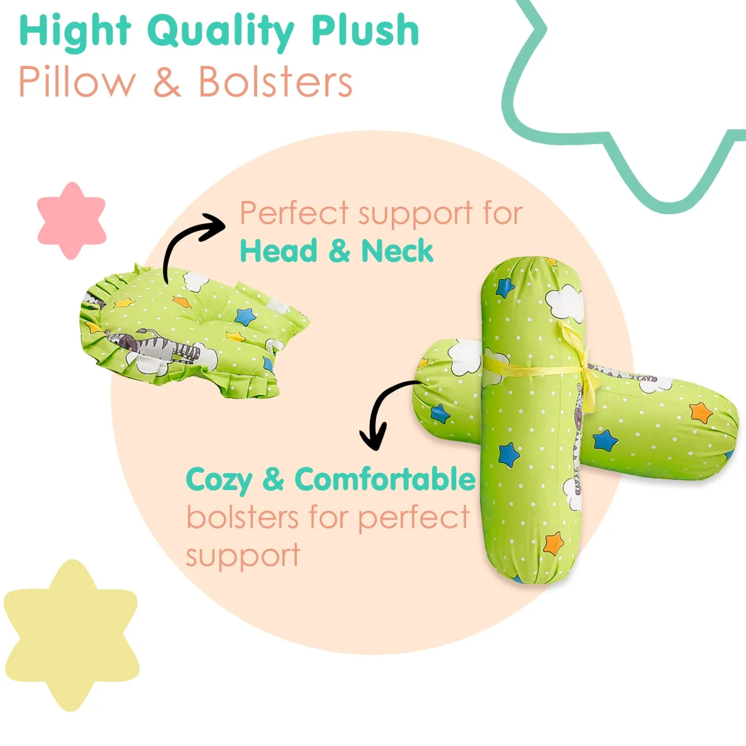 Mattress Set With Neck Pillow and Bolsters Fun In The Jungle Green