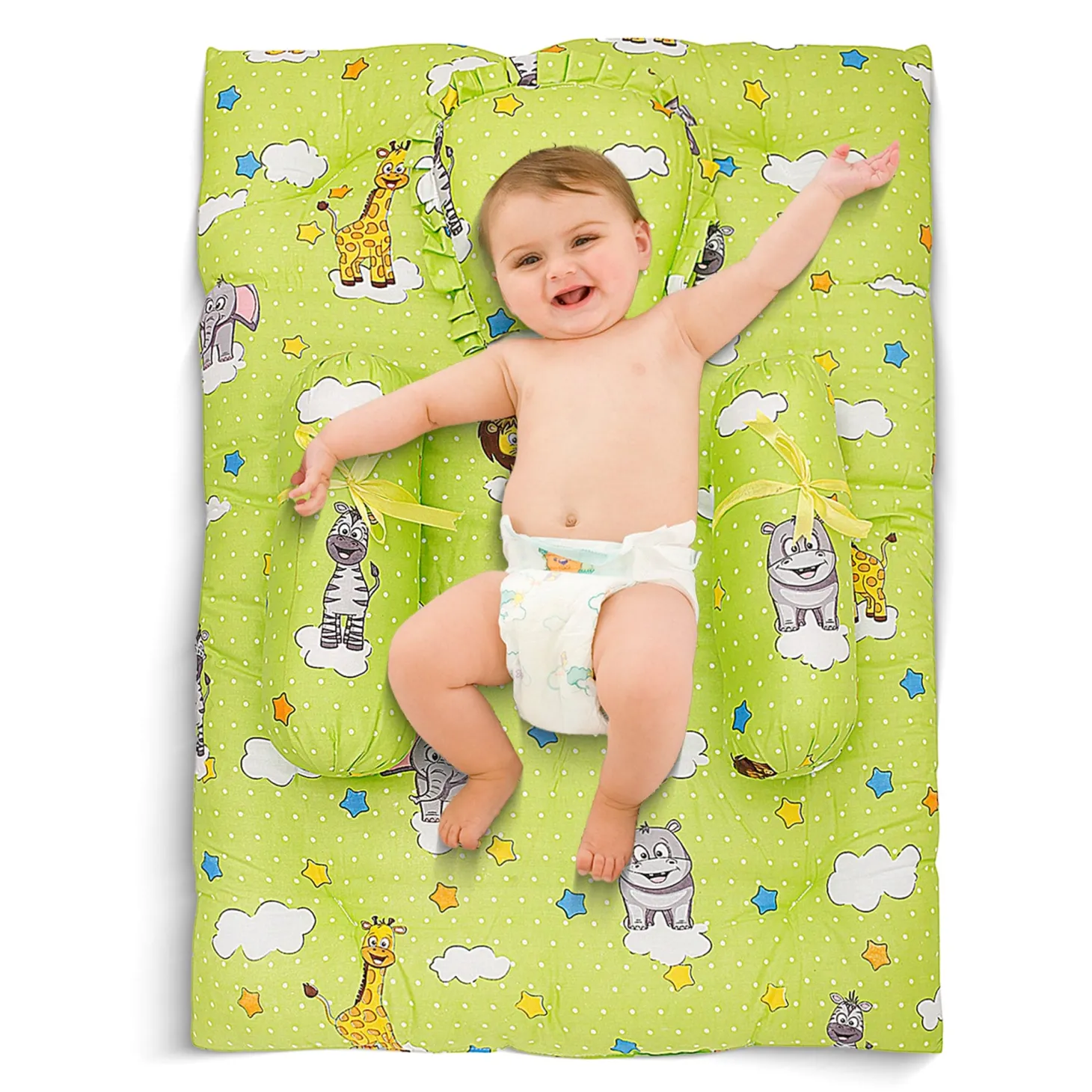 Mattress Set With Neck Pillow and Bolsters Fun In The Jungle Green