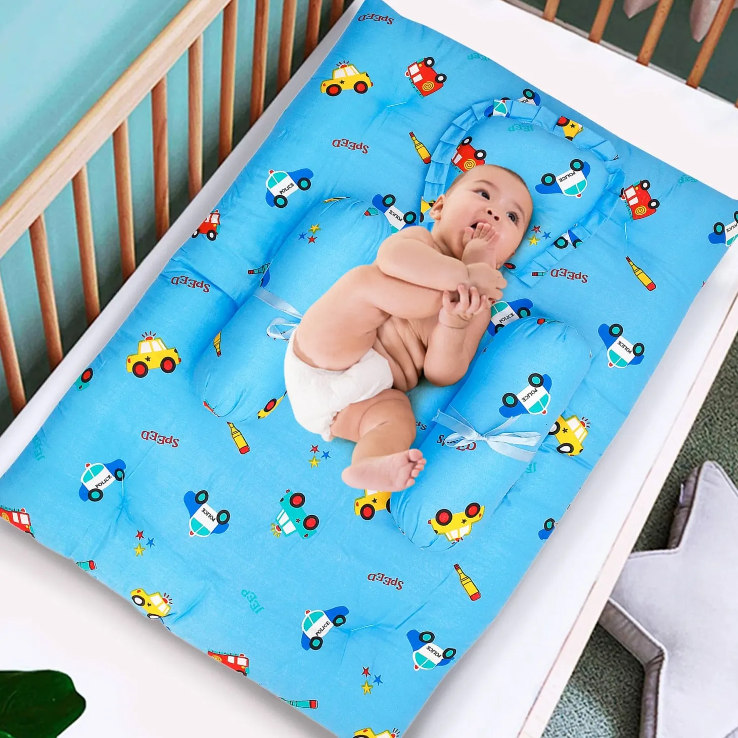 Mattress Set With Neck Pillow and Bolsters Catch Me If You Can Blue