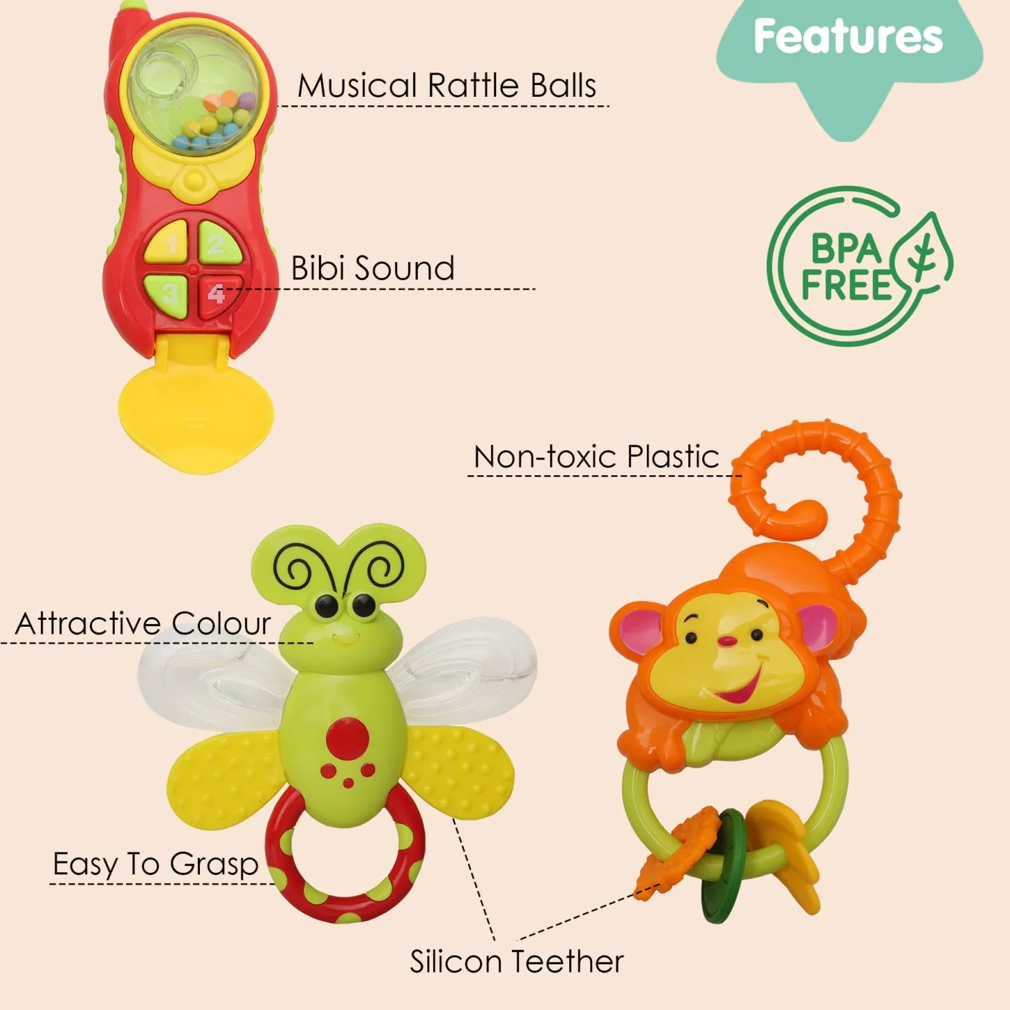 Monkey Bee And Phone Multicolour Set of 3 Musical Rattle Toys