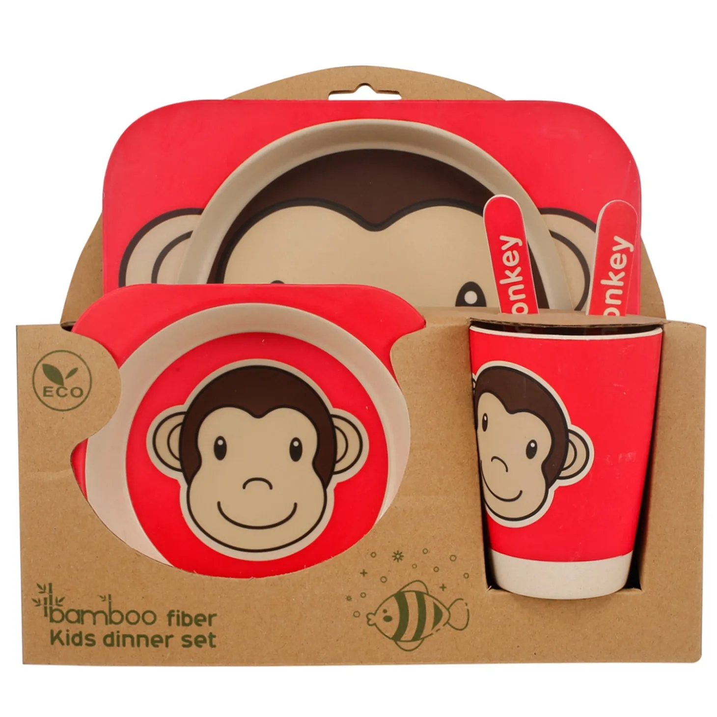 Monkey Red Bamboo Fiber Dinner Set