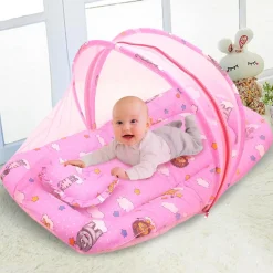 Mosquito Net Tent Mattress Set With Neck Pillow Flying Animals Pink