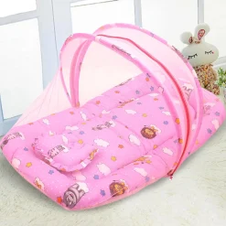 Mosquito Net Tent Mattress Set With Neck Pillow Flying Animals Pink