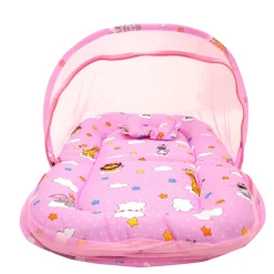 Mosquito Net Tent Mattress Set With Neck Pillow Flying Animals Pink