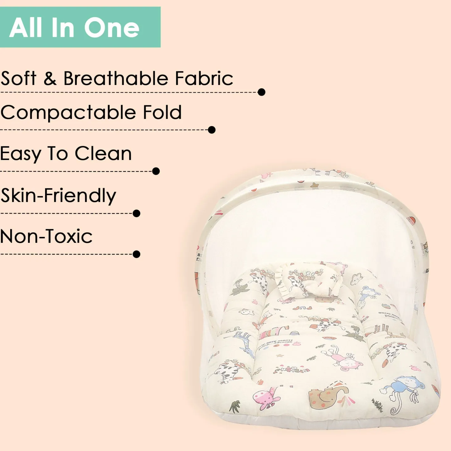 Mosquito Net Tent Mattress Set With Neck Pillow I Love Animals Cream