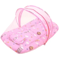 Mosquito Net Tent Mattress Set With Neck Pillow Flying Animals Pink