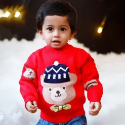 Mr. Bear Premium Full Sleeves Knitted Sweater With 3D Applique - Red