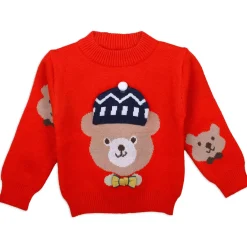 Mr. Bear Premium Full Sleeves Knitted Sweater With 3D Applique - Red