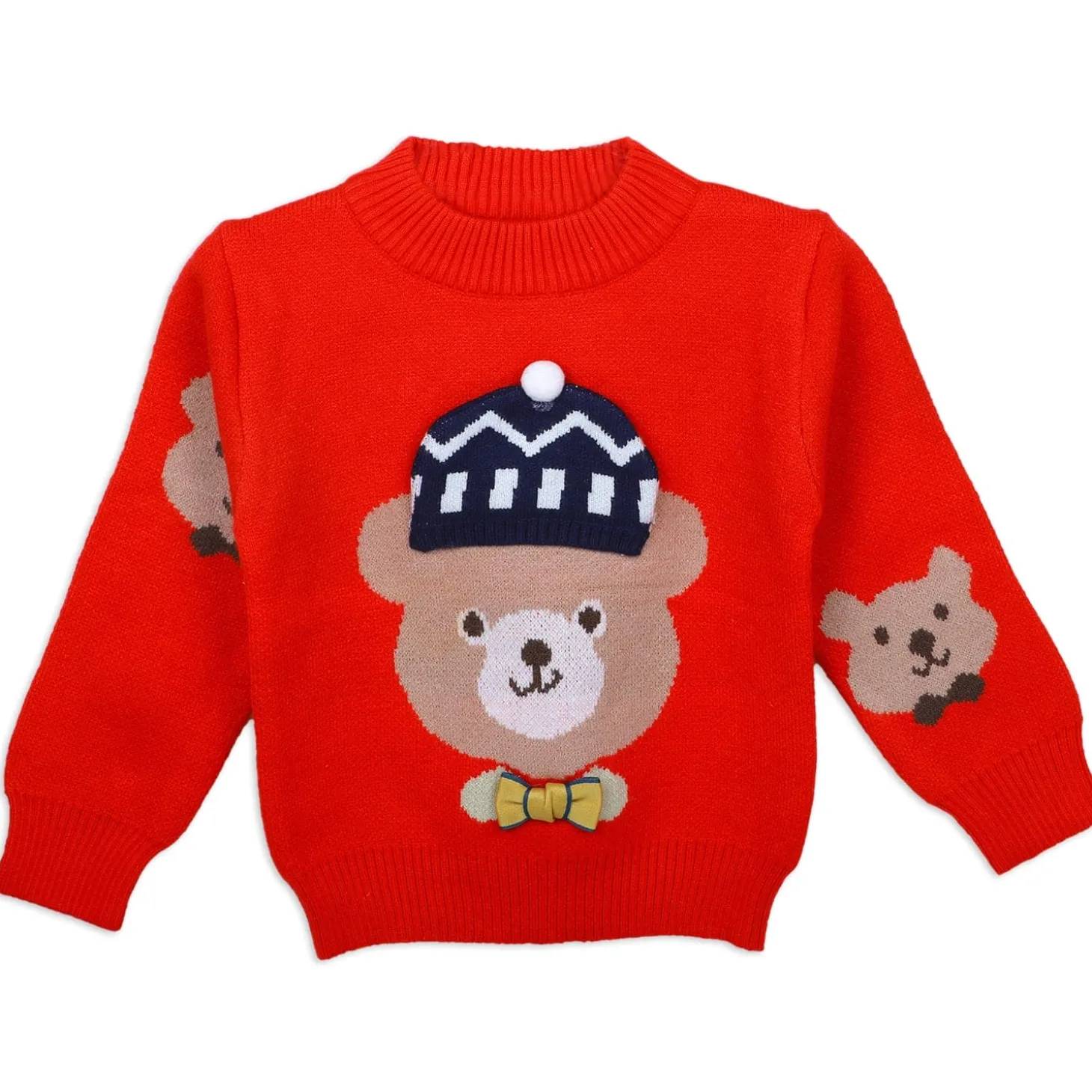 Mr. Bear Premium Full Sleeves Knitted Sweater With 3D Applique - Red