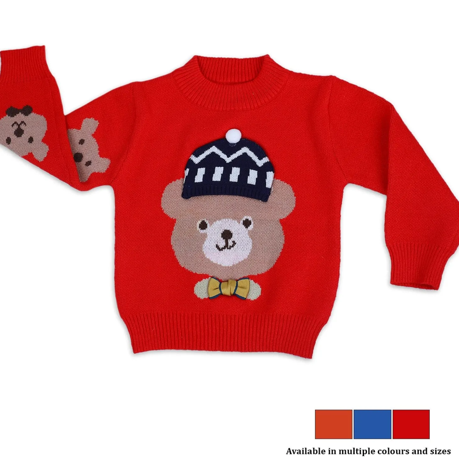 Mr. Bear Premium Full Sleeves Knitted Sweater With 3D Applique - Red