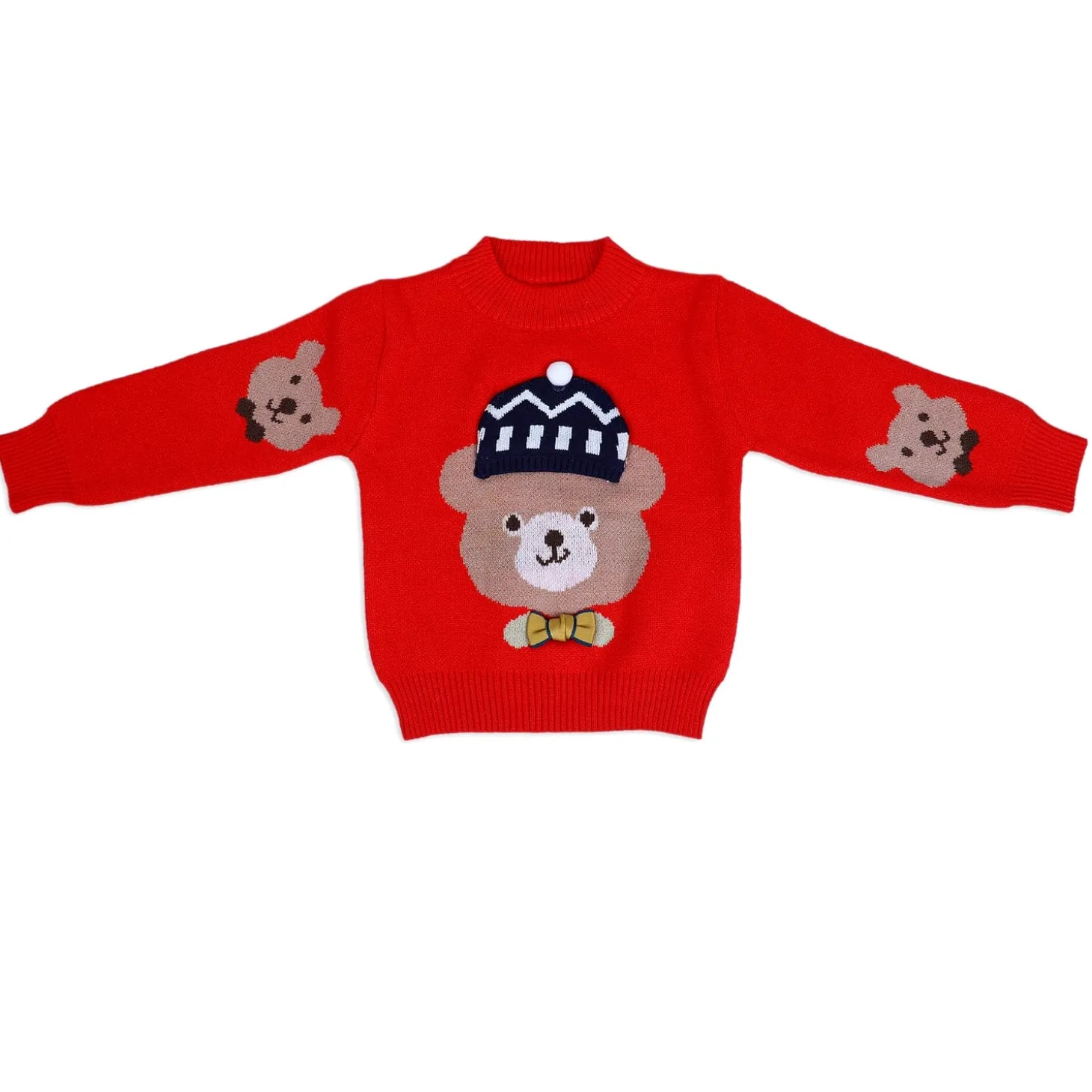 Mr. Bear Premium Full Sleeves Knitted Sweater With 3D Applique - Red