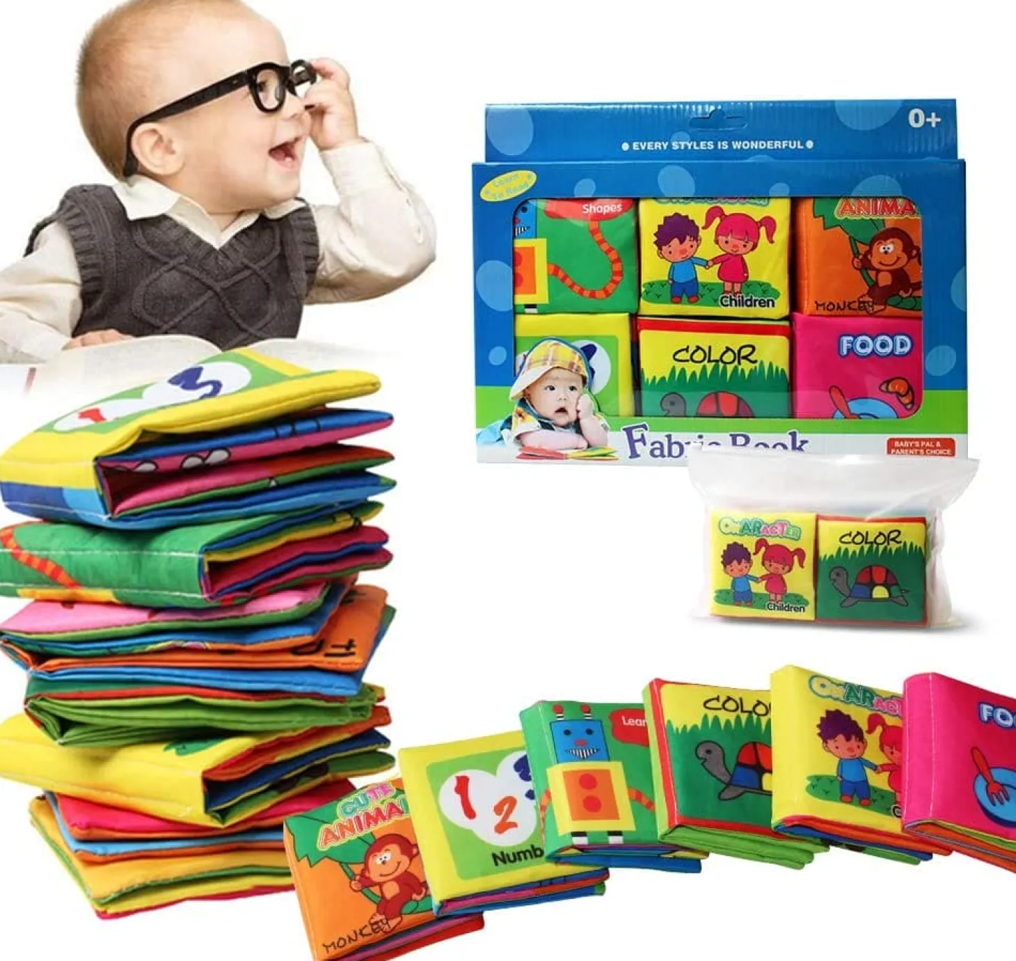 Numbers Animals Shapes Colours Food Characters Educational Cloth Book with Sound Paper Set of 6 - Multicolour