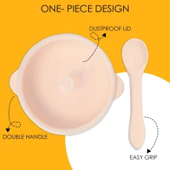Peach Silicon Bowl With Lid And Spoon Set