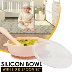 Peach Silicon Bowl With Lid And Spoon Set