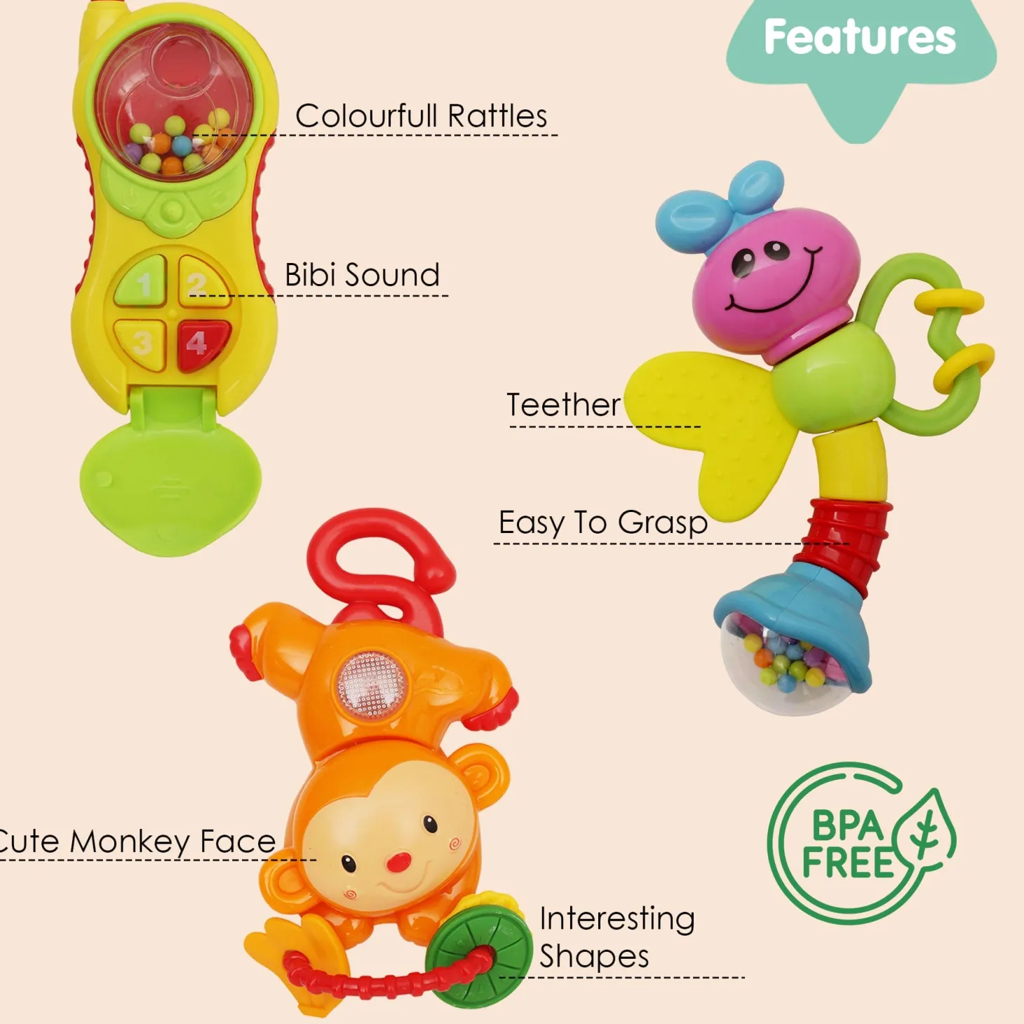 Phone Monkey And Butterfly Multicolour Set of 3 Rattle Toys