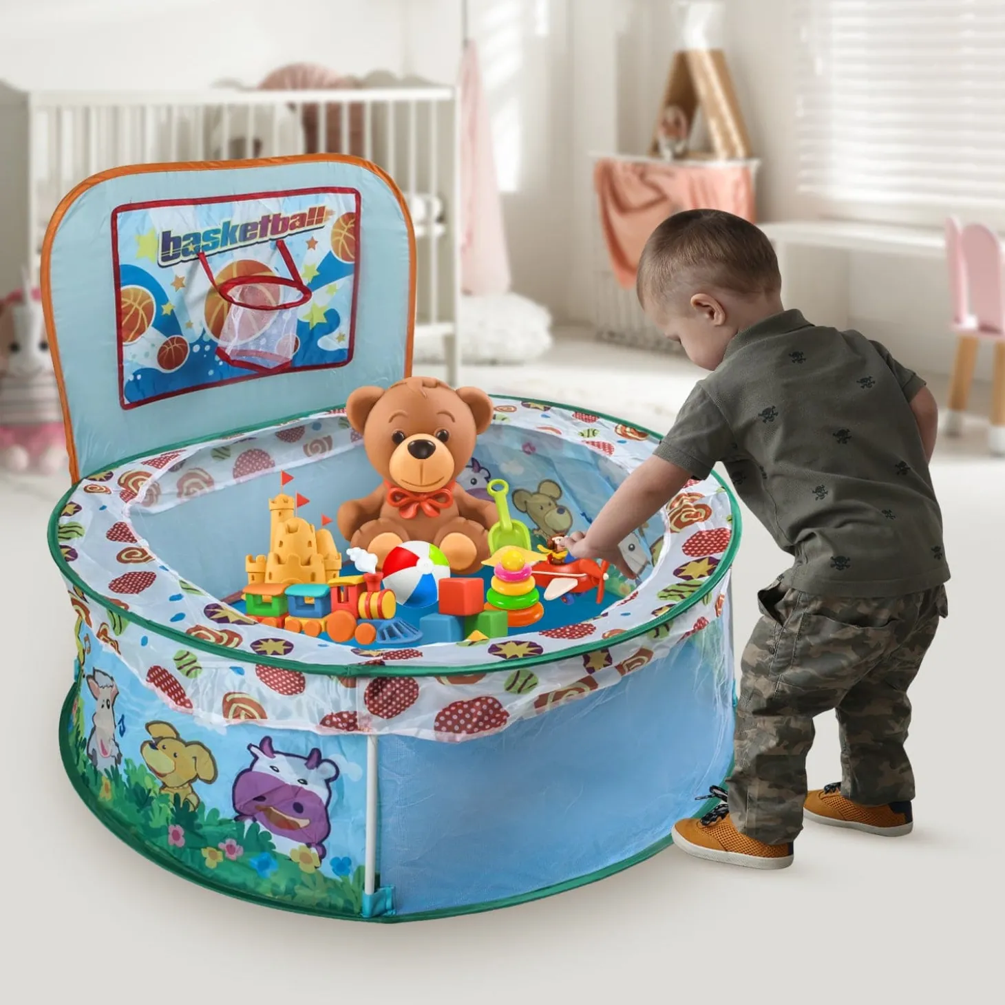 Playtime Foldable Ball Pit Basketball Animal Theme - Blue