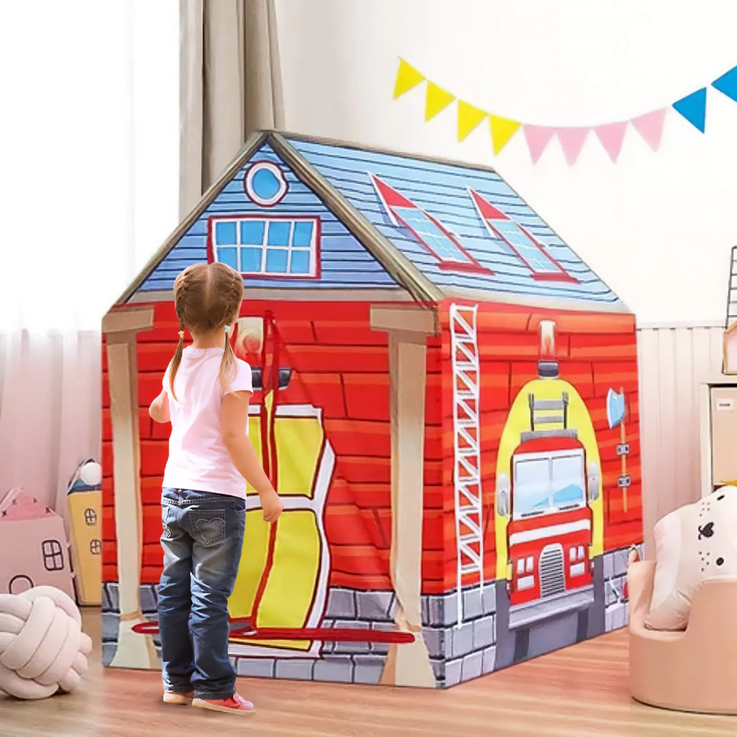 Playtime Foldable Tent House Fire Station - Red