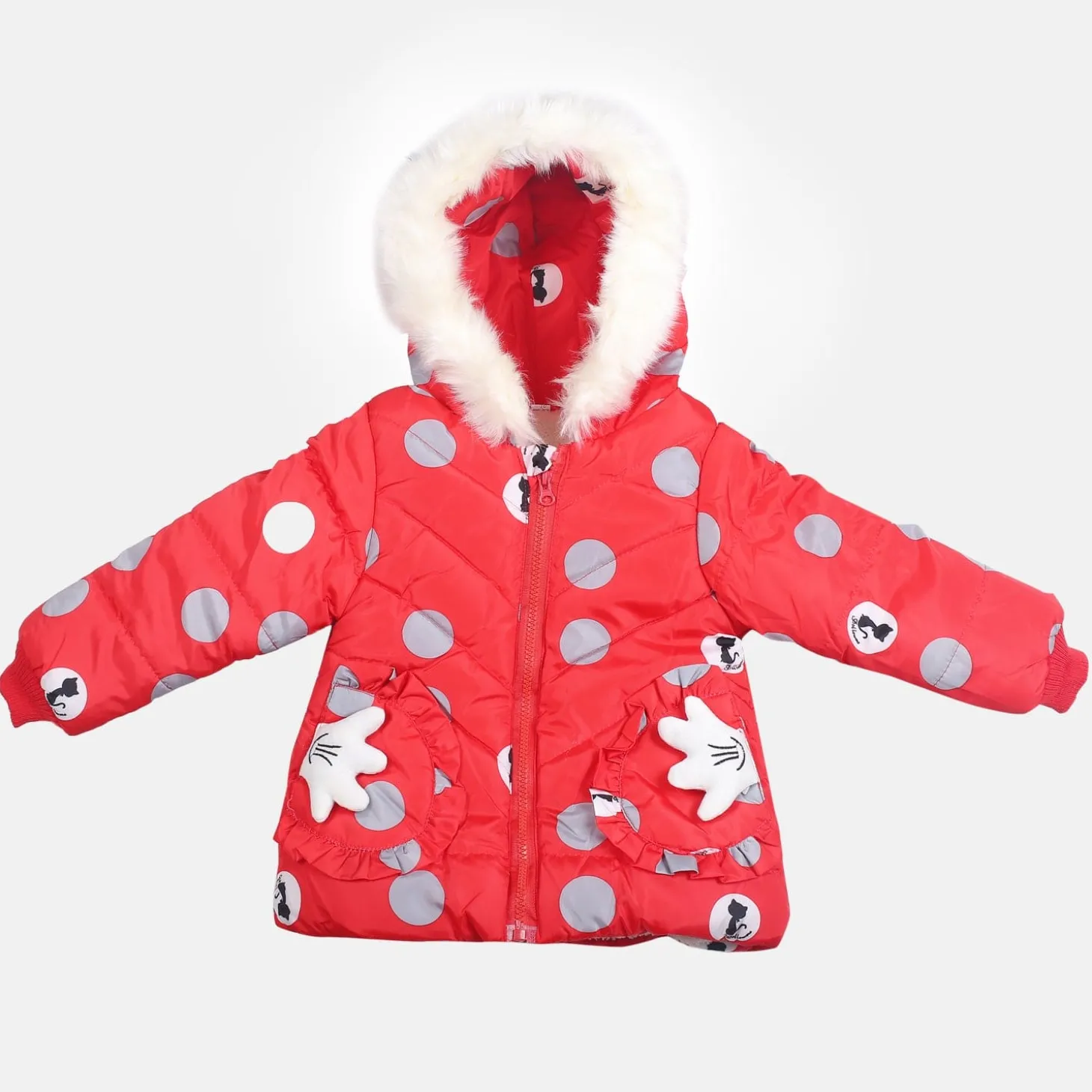 Polka Dotted Red Hooded Full Sleeve Padded Jacket