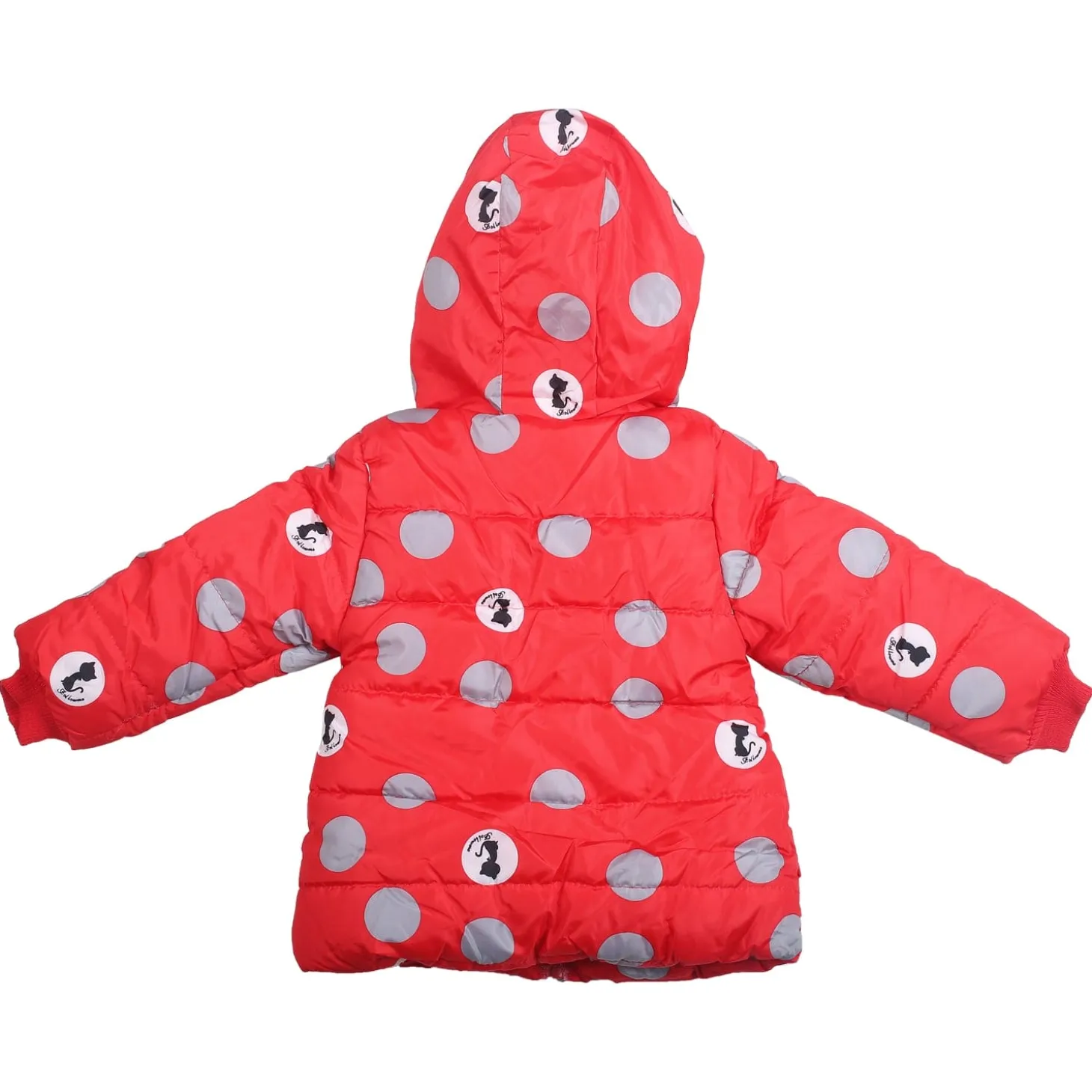 Polka Dotted Red Hooded Full Sleeve Padded Jacket