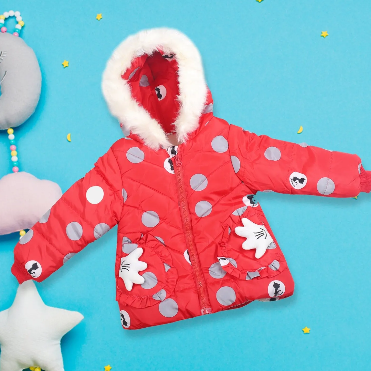 Polka Dotted Red Hooded Full Sleeve Padded Jacket