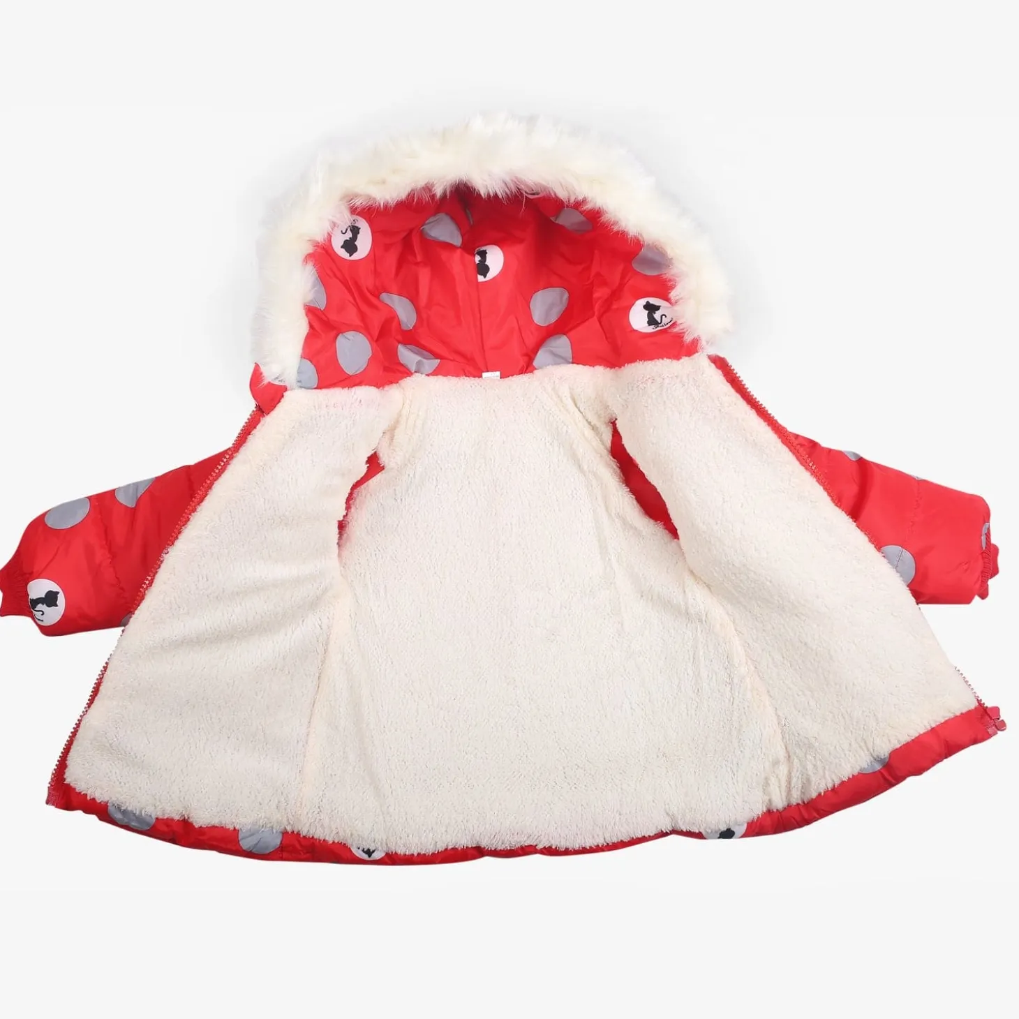Polka Dotted Red Hooded Full Sleeve Padded Jacket
