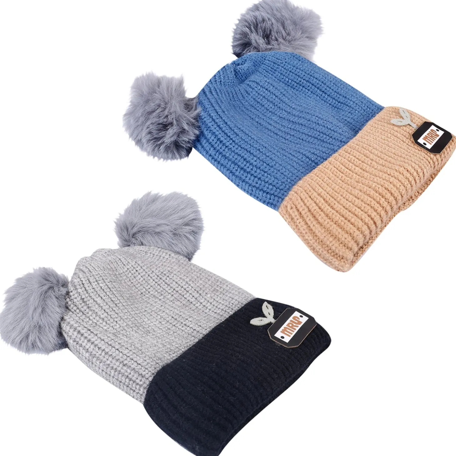 Pom Pom Blue And Grey 2 Pk Woolen Cap