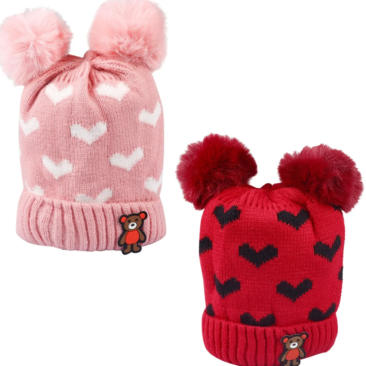 Pom Pom Hearts Red And Pink 2 Pk Woolen Cap