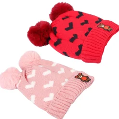 Pom Pom Hearts Red And Pink 2 Pk Woolen Cap