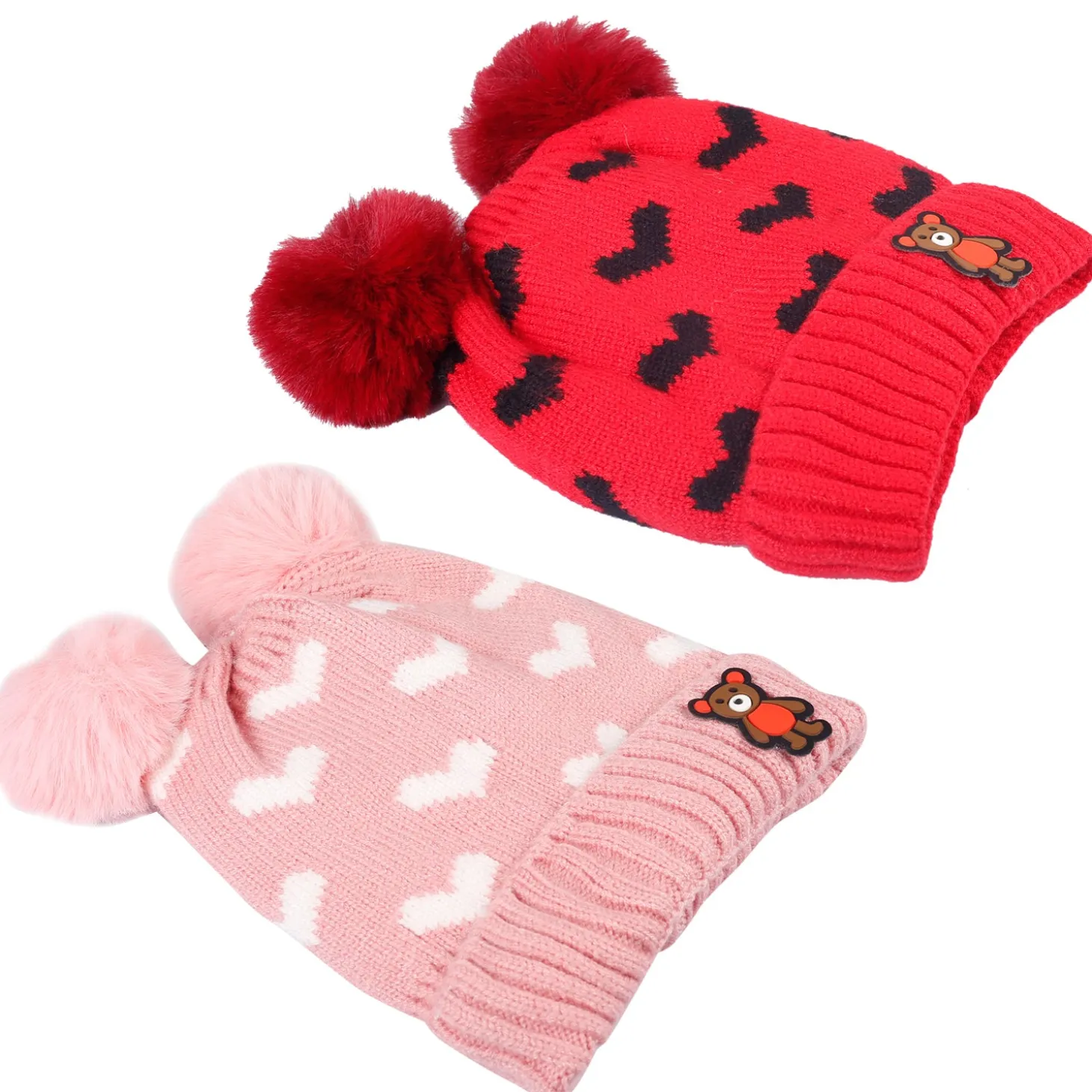 Pom Pom Hearts Red And Pink 2 Pk Woolen Cap