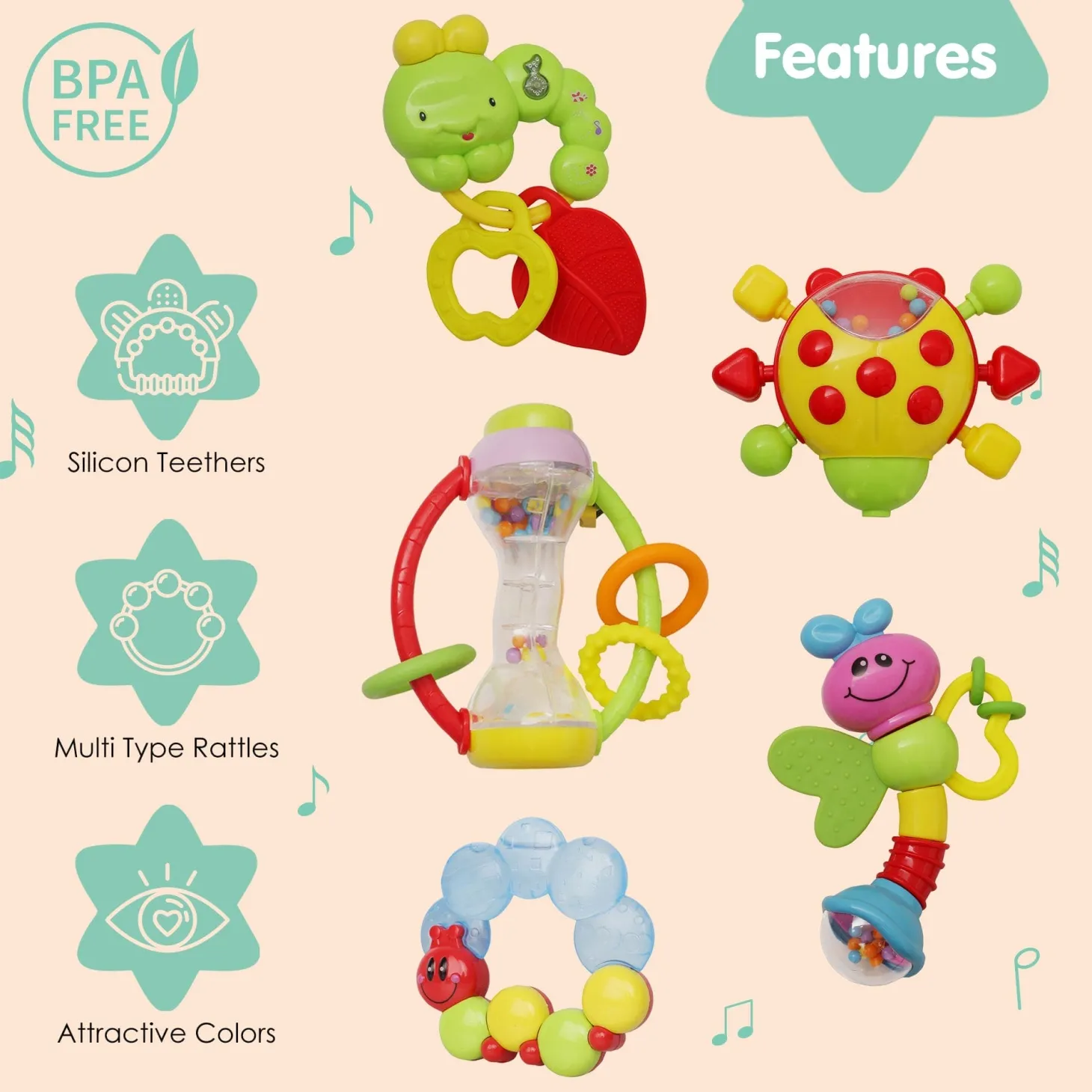 Premium Multicolour Set of 5 Musical Rattle Toys With Light