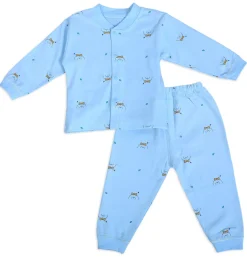 Puppy Face Full Sleeves 2 Piece Buttoned Pyjama Set Night Suit - Blue