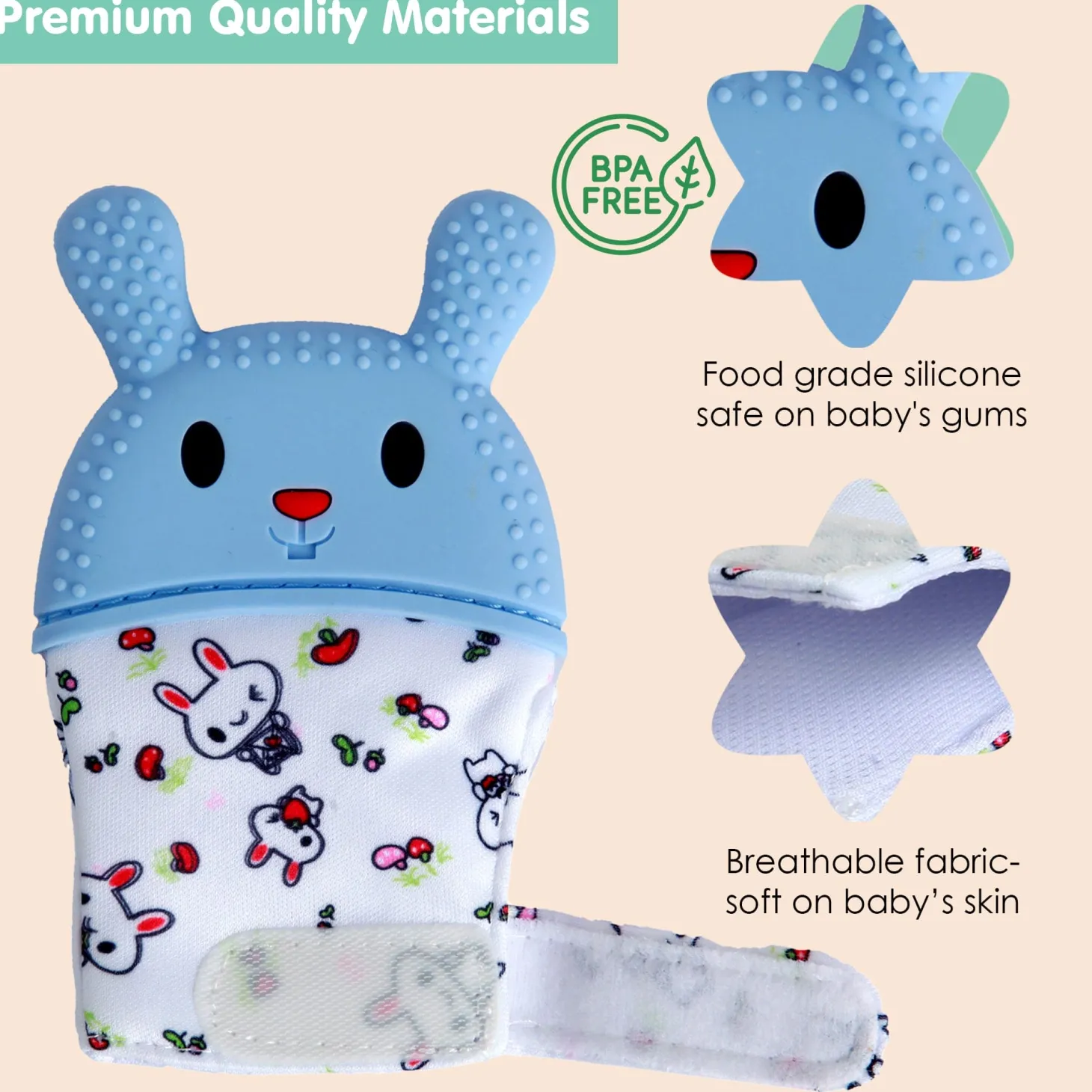 Rabbits Eat Carrots Blue Teething Mitten - 1 pc