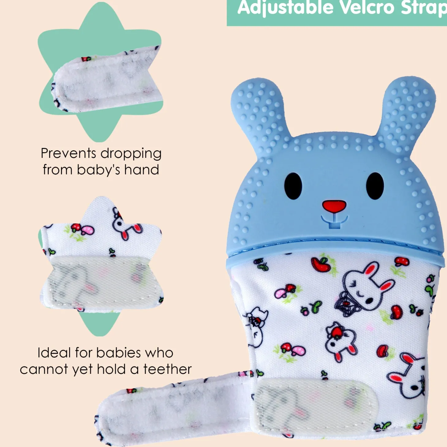 Rabbits Eat Carrots Blue Teething Mitten - 1 pc