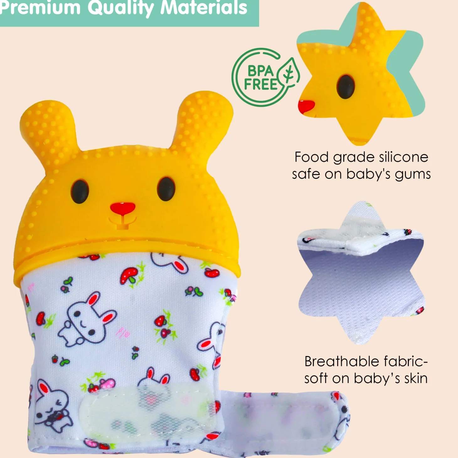 Rabbits Eat Carrots Yellow Teething Mitten - 1 pc