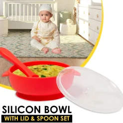 Red Silicon Bowl With Lid And Spoon Set