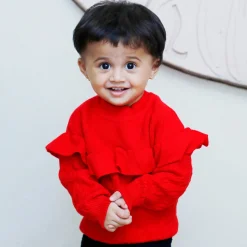 Ruffled Jumper Solid Premium Full Sleeves Braided Knit Sweater - Red