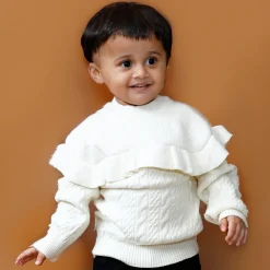 Ruffled Jumper Solid Premium Full Sleeves Braided Knit Sweater - White