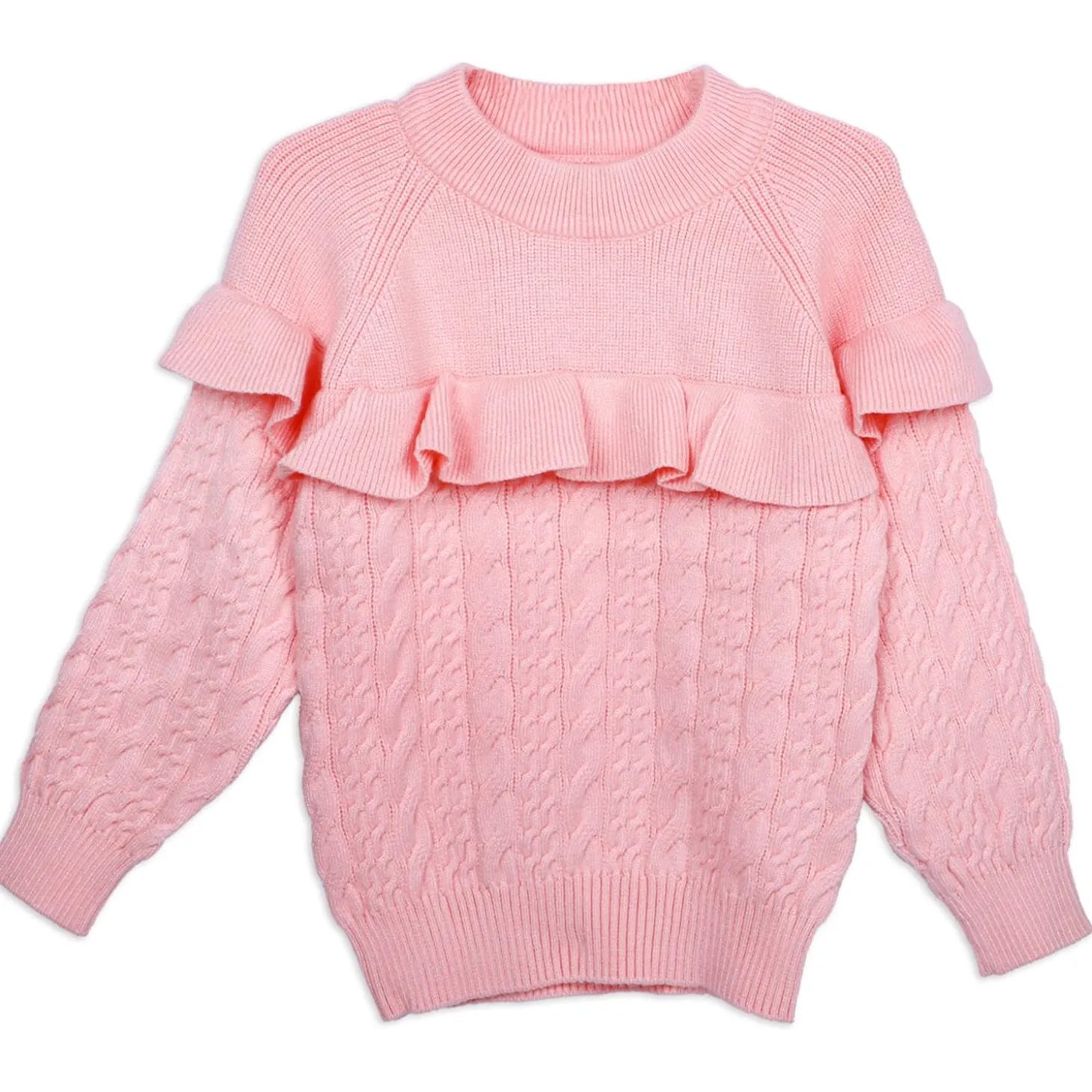Ruffled Jumper Solid Premium Full Sleeves Braided Knit Sweater - Pink