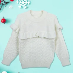 Ruffled Jumper Solid Premium Full Sleeves Braided Knit Sweater - White
