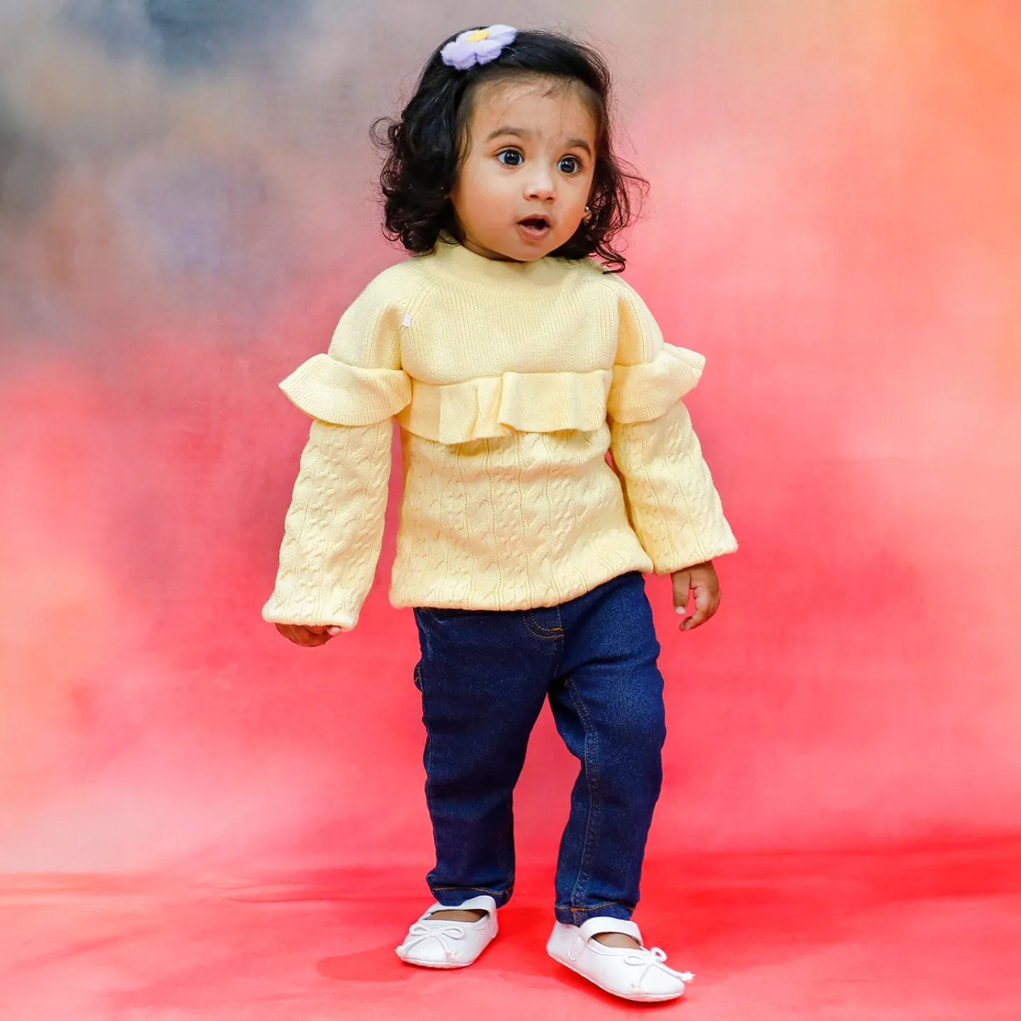 Ruffled Jumper Solid Premium Full Sleeves Braided Knit Sweater - Yellow