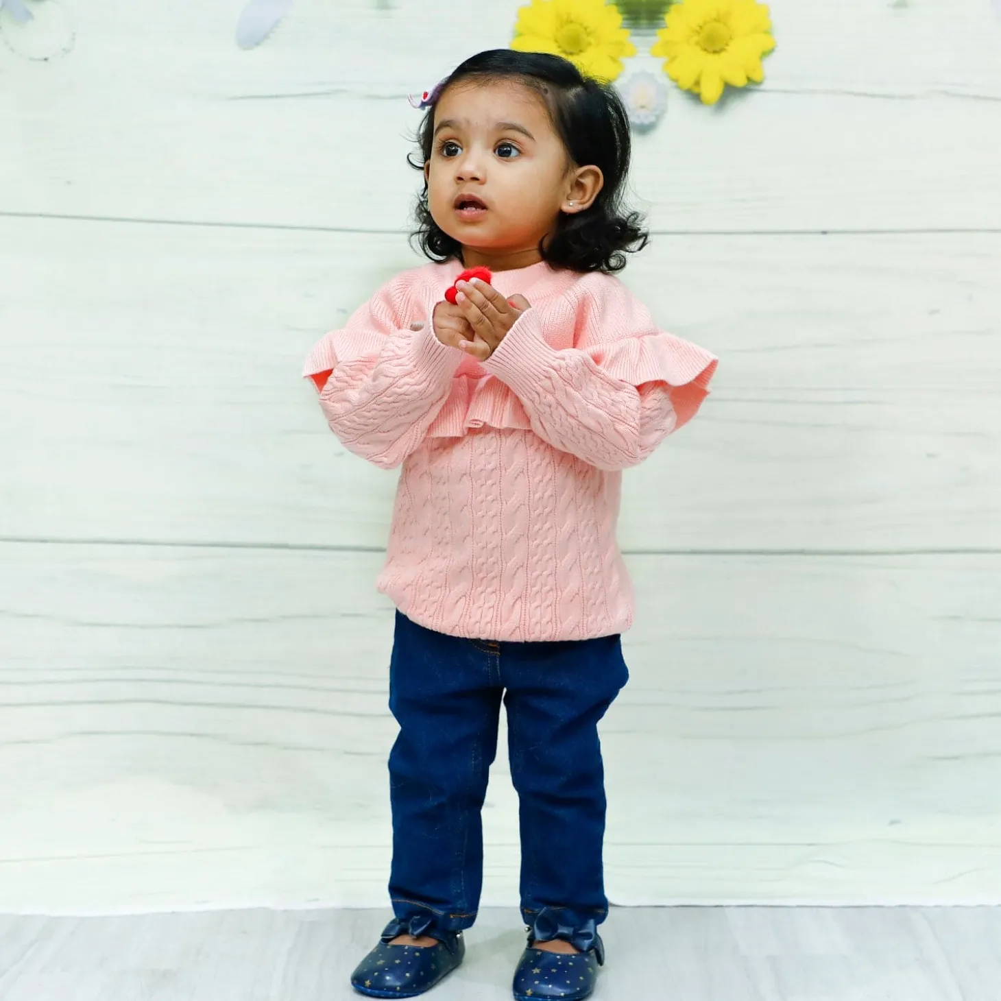 Ruffled Jumper Solid Premium Full Sleeves Braided Knit Sweater - Pink
