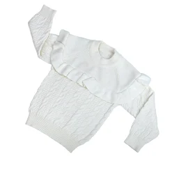 Ruffled Jumper Solid Premium Full Sleeves Braided Knit Sweater - White