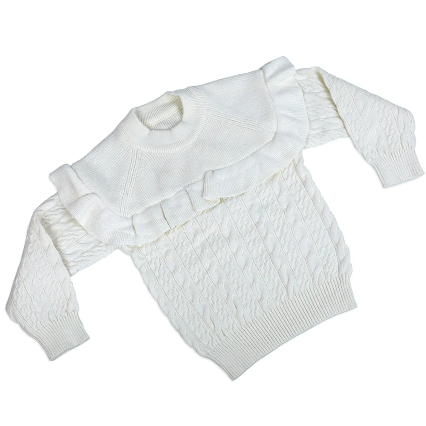 Ruffled Jumper Solid Premium Full Sleeves Braided Knit Sweater - White