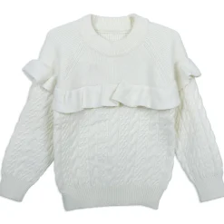 Ruffled Jumper Solid Premium Full Sleeves Braided Knit Sweater - White